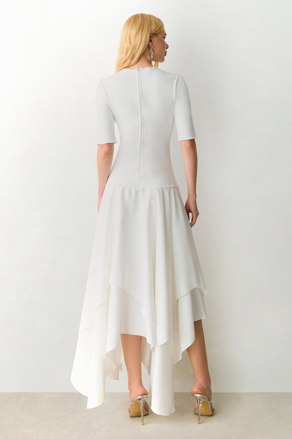 VESTIDO MIDI SAIA COM RECORTES ASSIMETRICOS OFF WHITE