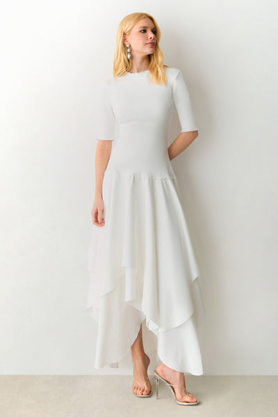 VESTIDO MIDI SAIA COM RECORTES ASSIMETRICOS OFF WHITE