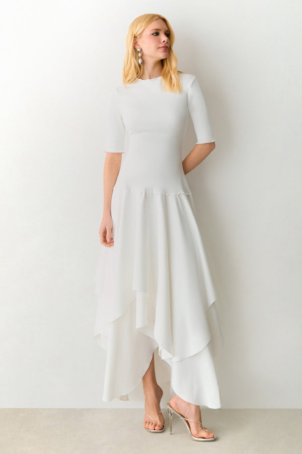 VESTIDO MIDI SAIA COM RECORTES ASSIMETRICOS OFF WHITE