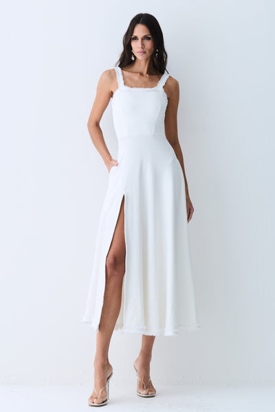 VESTIDO MIDI COM DETALHE AVIAMENTO BARRA E DECOTE OFF WHITE