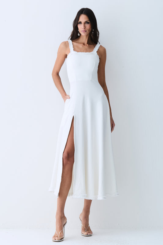 VESTIDO MIDI COM DETALHE AVIAMENTO BARRA E DECOTE OFF WHITE