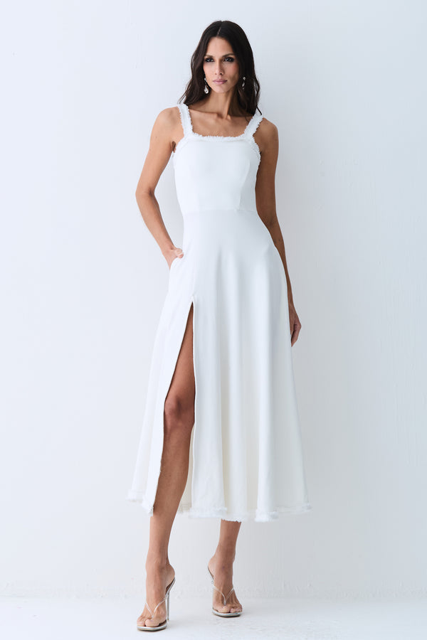 VESTIDO MIDI COM DETALHE AVIAMENTO BARRA E DECOTE OFF WHITE