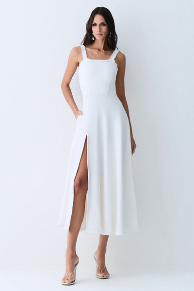 VESTIDO MIDI COM DETALHE AVIAMENTO BARRA E DECOTE OFF WHITE