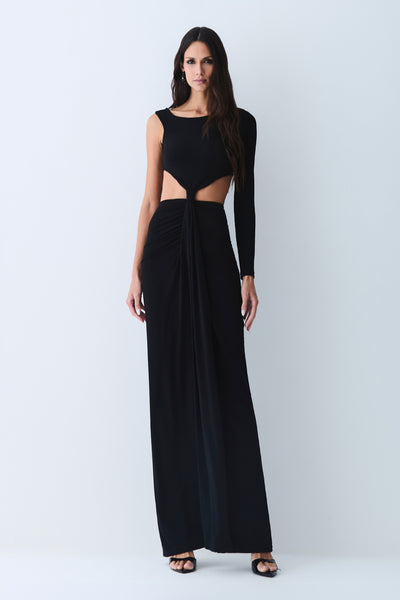 VESTIDO MIDI MANGA UNICA TORCAO FRONTAL E ABERTURA PRETO