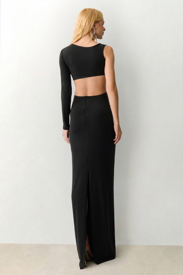 VESTIDO MIDI MANGA UNICA TORCAO FRONTAL E ABERTURA PRETO