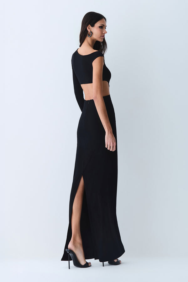 VESTIDO MIDI MANGA UNICA TORCAO FRONTAL E ABERTURA PRETO