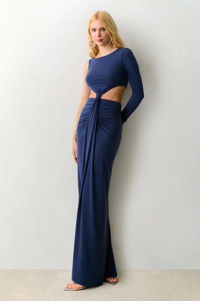 VESTIDO MIDI MANGA UNICA TORCAO FRONTAL E ABERTURA AZUL ECLIPSE