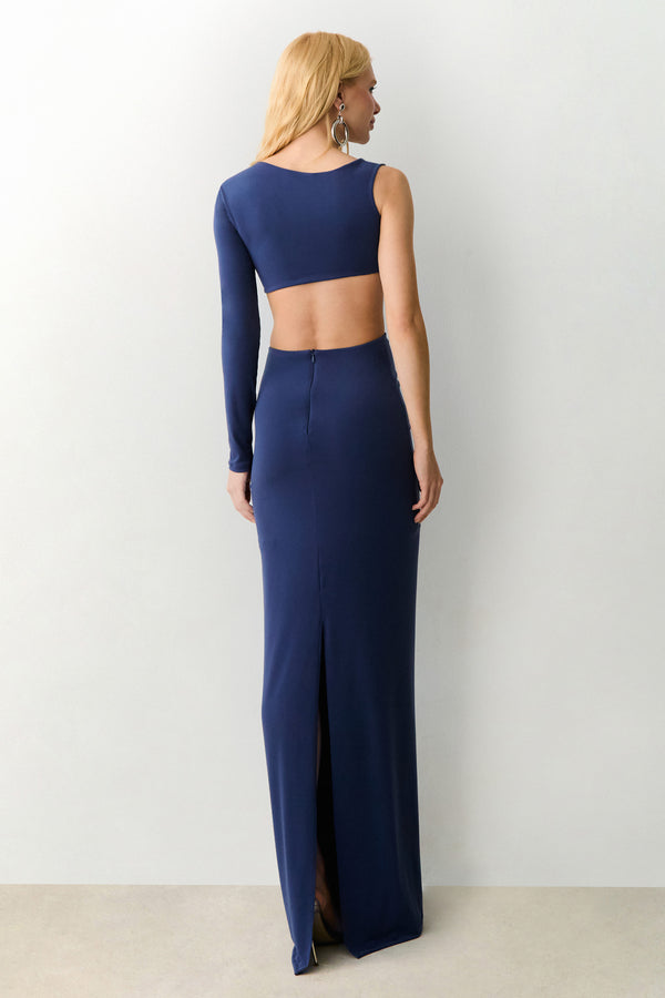 VESTIDO MIDI MANGA UNICA TORCAO FRONTAL E ABERTURA AZUL ECLIPSE