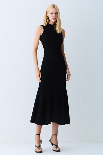 VESTIDO MIDI BARRA COM RODA AMPLA E ABERTURA COSTAS PRETO