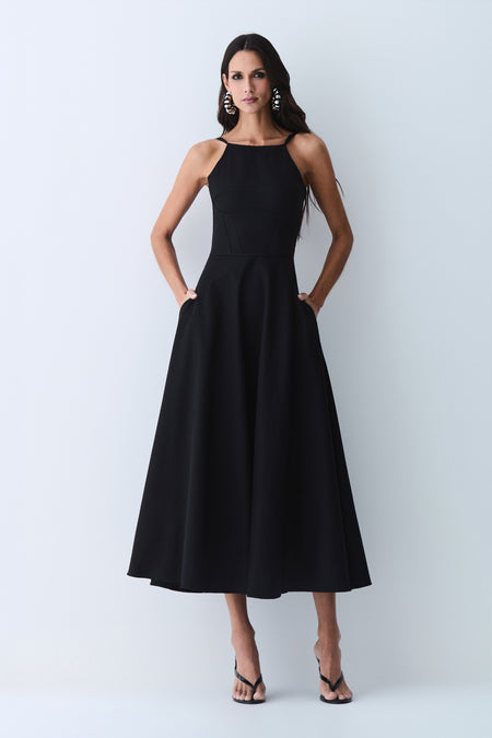 VESTIDO MIDI FRENTE UNICA AMARRACAO COSTAS SAIA AMPLA PRETO