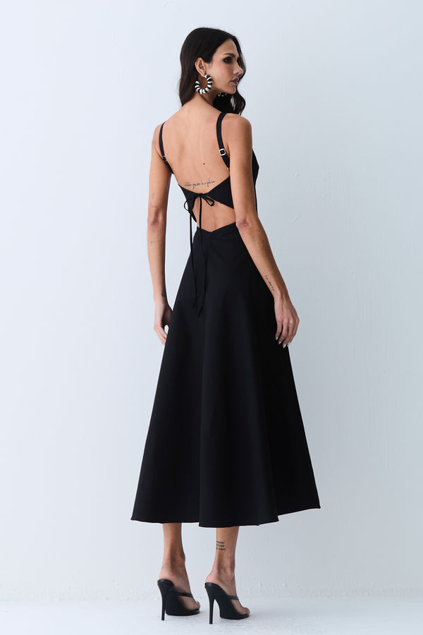 VESTIDO MIDI FRENTE UNICA AMARRACAO COSTAS SAIA AMPLA PRETO