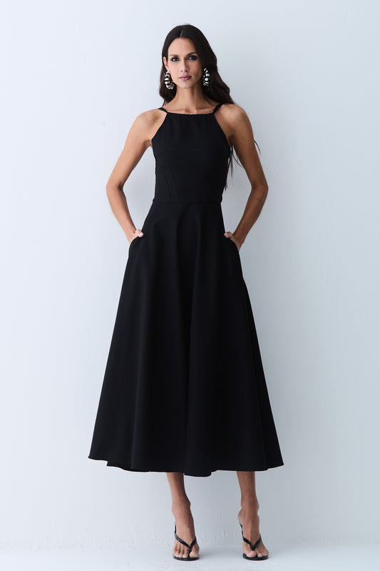 VESTIDO MIDI FRENTE UNICA AMARRACAO COSTAS SAIA AMPLA PRETO