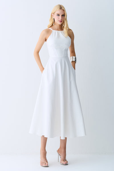 VESTIDO MIDI FRENTE UNICA AMARRACAO COSTAS SAIA AMPLA OFF WHITE