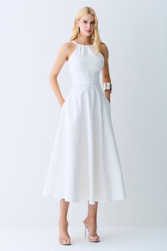 VESTIDO MIDI FRENTE UNICA AMARRACAO COSTAS SAIA AMPLA OFF WHITE