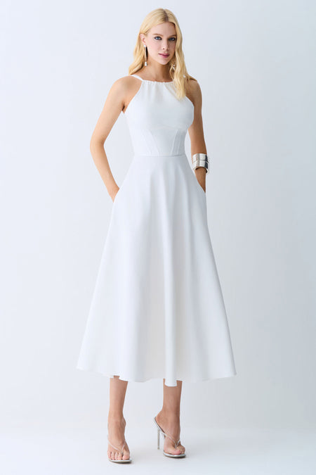 VESTIDO MIDI FRENTE UNICA AMARRACAO COSTAS SAIA AMPLA OFF WHITE