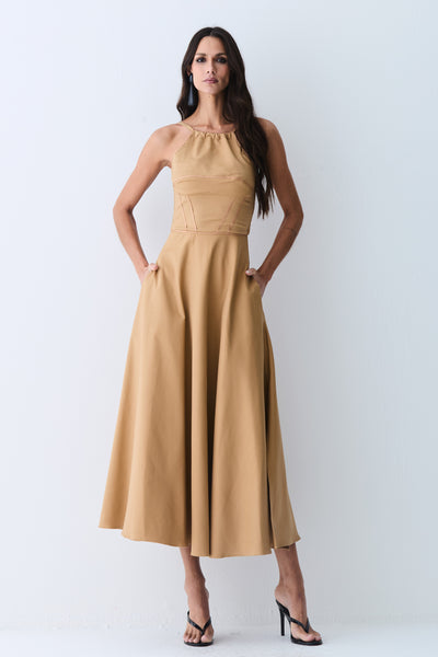 VESTIDO MIDI FRENTE UNICA AMARRACAO COSTAS SAIA AMPLA KAKI