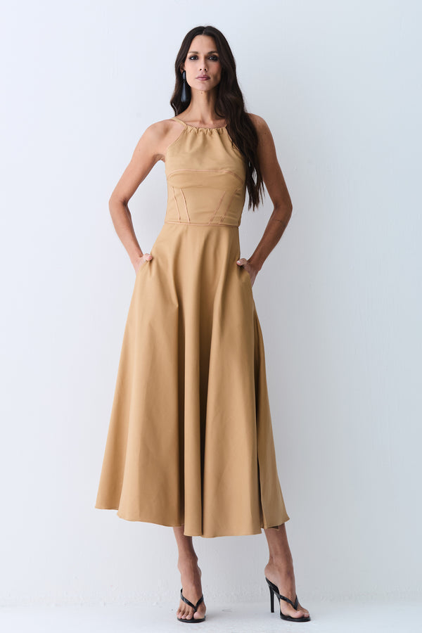 VESTIDO MIDI FRENTE UNICA AMARRACAO COSTAS SAIA AMPLA KAKI