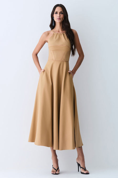 VESTIDO MIDI FRENTE UNICA AMARRACAO COSTAS SAIA AMPLA KAKI