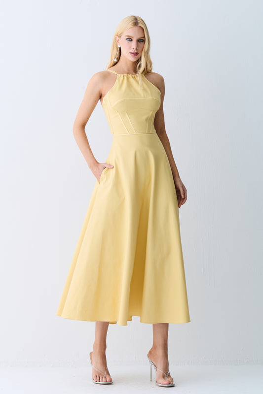 VESTIDO MIDI FRENTE UNICA AMARRACAO COSTAS SAIA AMPLA AMARELO MANTEIGA
