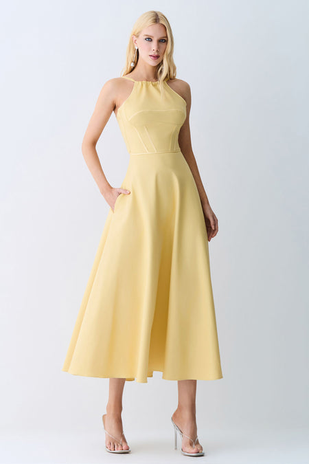 VESTIDO MIDI FRENTE UNICA AMARRACAO COSTAS SAIA AMPLA AMARELO MANTEIGA