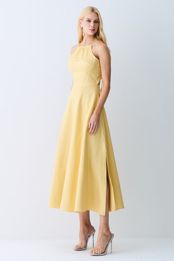 VESTIDO MIDI FRENTE UNICA AMARRACAO COSTAS SAIA AMPLA AMARELO MANTEIGA