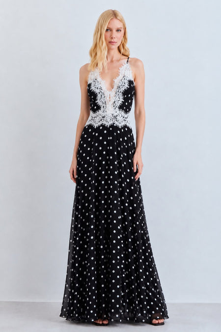VESTIDO MIDI FLUIDO COM DECOTE V E DETALHES EM RENDA PRETO COM OFF WHITE