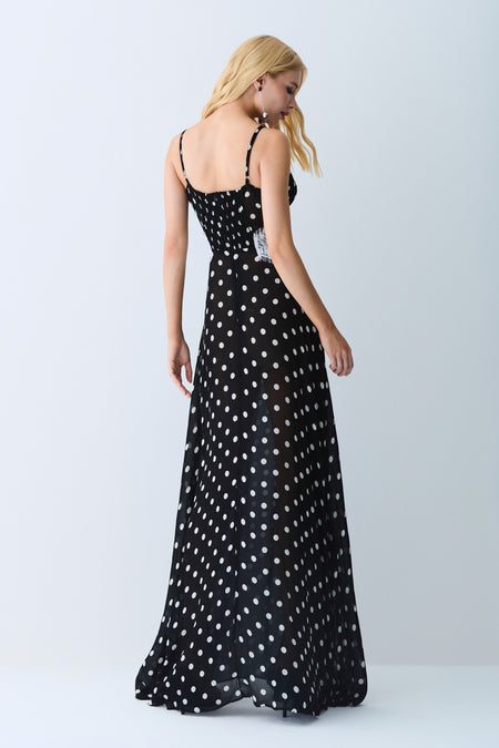 VESTIDO MIDI FLUIDO COM DECOTE V E DETALHES EM RENDA PRETO COM OFF WHITE