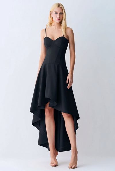 VESTIDO MULLET ACINTURADO COM BARRA AMPLA ALCA FINA PRETO