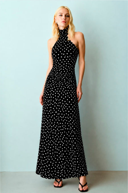 VESTIDO MIDI FRENTE UNICA COM AMARRACO POA PRETO COM BRANCO