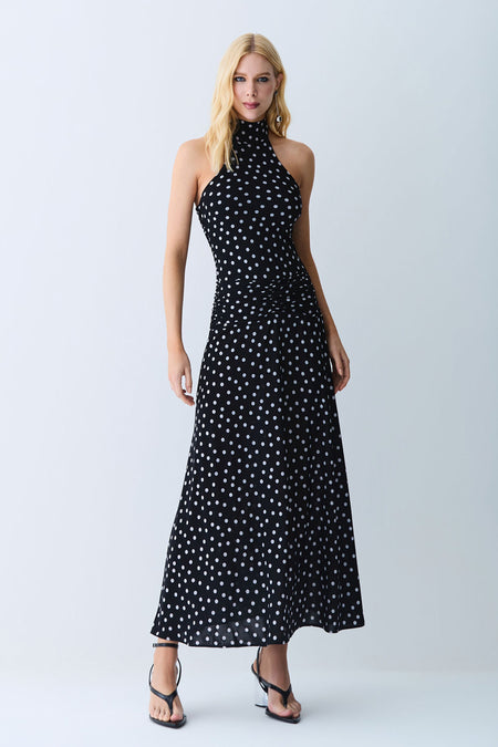 VESTIDO MIDI FRENTE UNICA COM AMARRACO POA PRETO COM BRANCO