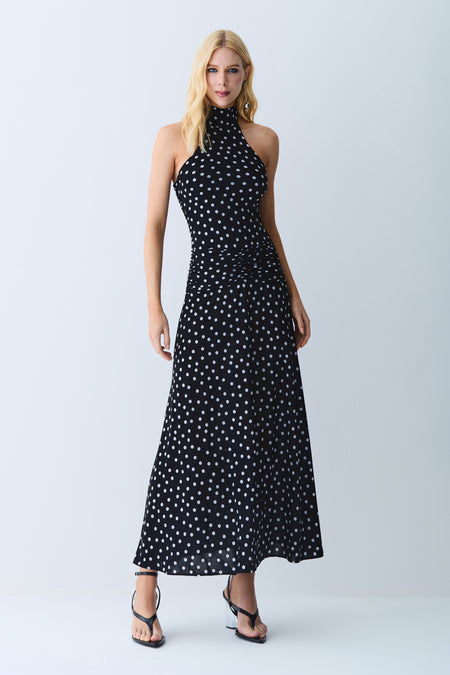 VESTIDO MIDI FRENTE UNICA COM AMARRACO POA PRETO COM BRANCO