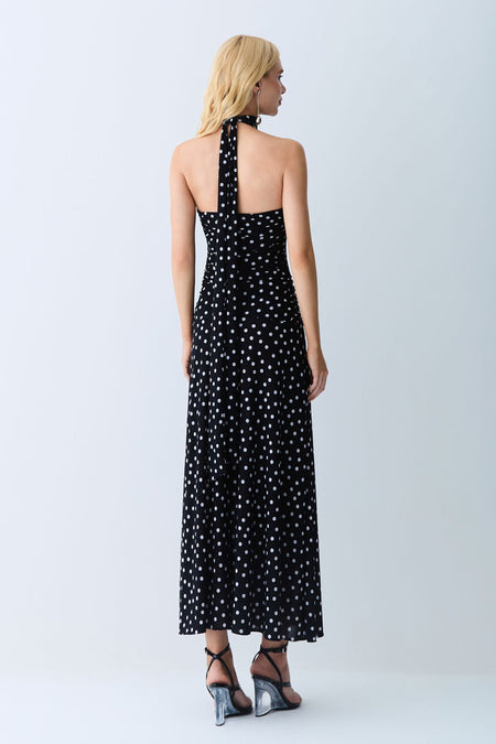VESTIDO MIDI FRENTE UNICA COM AMARRACO POA PRETO COM BRANCO