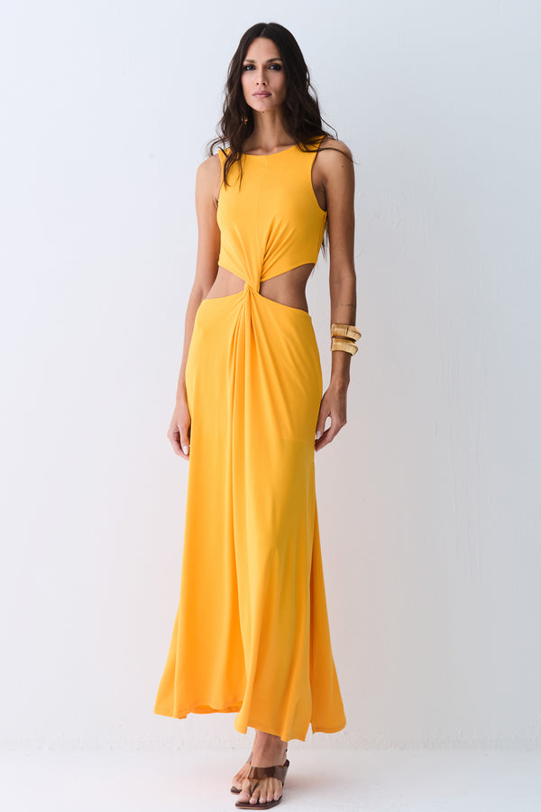 VESTIDO MIDI ABERTURA LATERAIS E TORCAO FRONTAL LARANJA MANGA