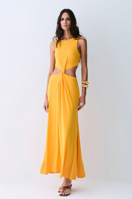 VESTIDO MIDI ABERTURA LATERAIS E TORCAO FRONTAL LARANJA MANGA