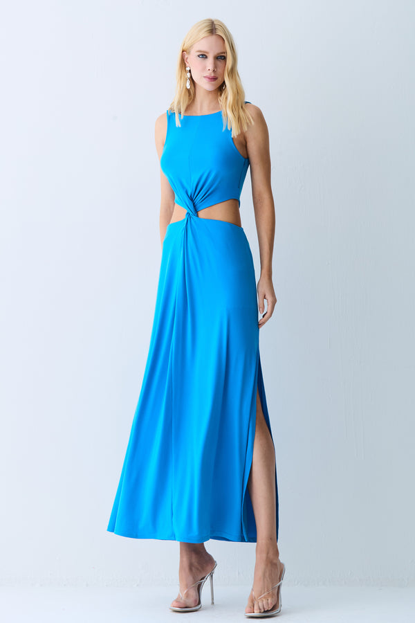 VESTIDO MIDI ABERTURA LATERAIS E TORCAO FRONTAL AZUL REAL