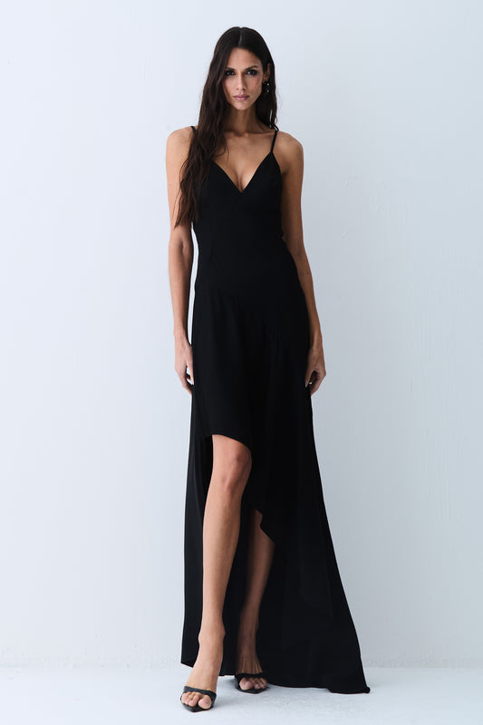 VESTIDO LONGO COSTAS E BARRA ASSIMETRICA FRENTE PRETO