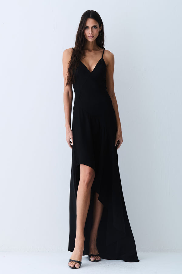 VESTIDO LONGO COSTAS E BARRA ASSIMETRICA FRENTE PRETO