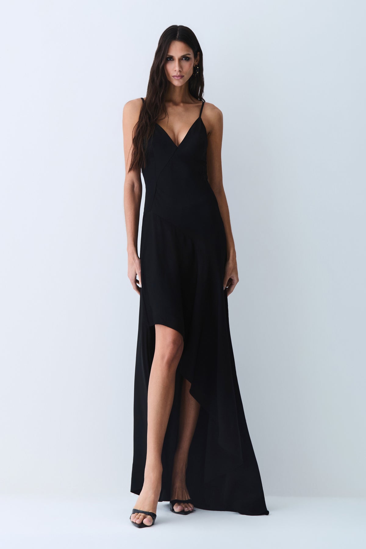 VESTIDO LONGO COSTAS E BARRA ASSIMETRICA FRENTE PRETO