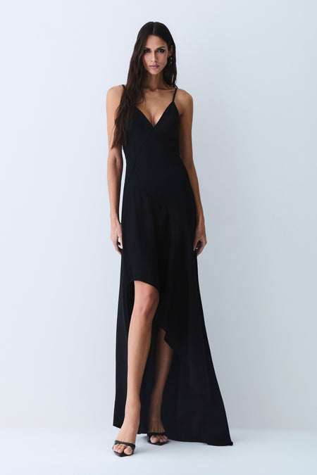 VESTIDO LONGO COSTAS E BARRA ASSIMETRICA FRENTE PRETO