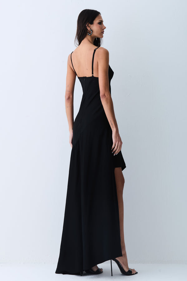 VESTIDO LONGO COSTAS E BARRA ASSIMETRICA FRENTE PRETO