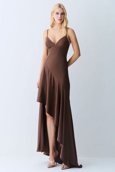 VESTIDO LONGO COSTAS E BARRA ASSIMETRICA FRENTE MARROM