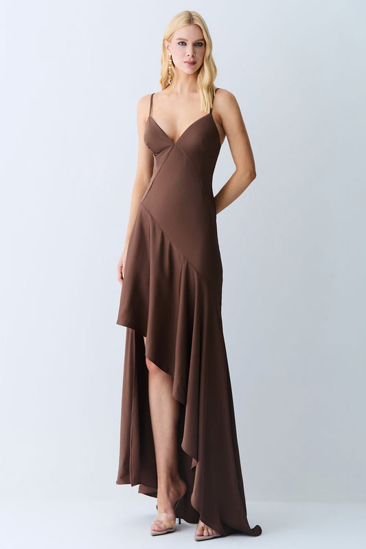 VESTIDO LONGO COSTAS E BARRA ASSIMETRICA FRENTE MARROM