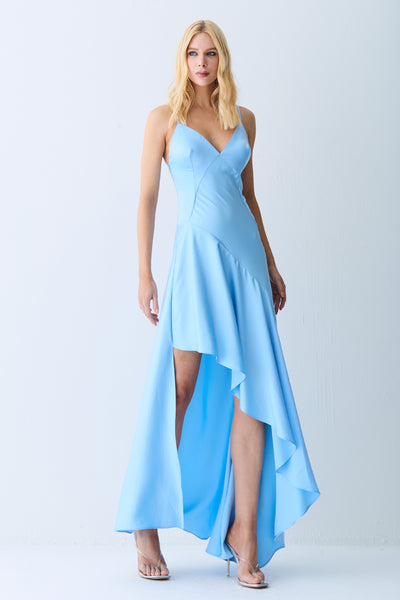 VESTIDO LONGO COSTAS E BARRA ASSIMETRICA FRENTE AZUL BEBE