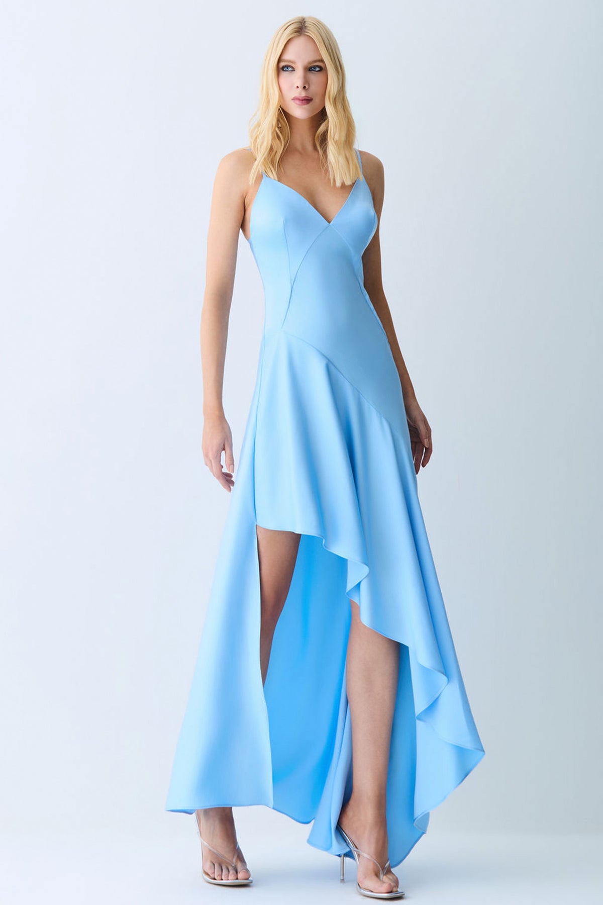 VESTIDO LONGO COSTAS E BARRA ASSIMETRICA FRENTE AZUL BEBE
