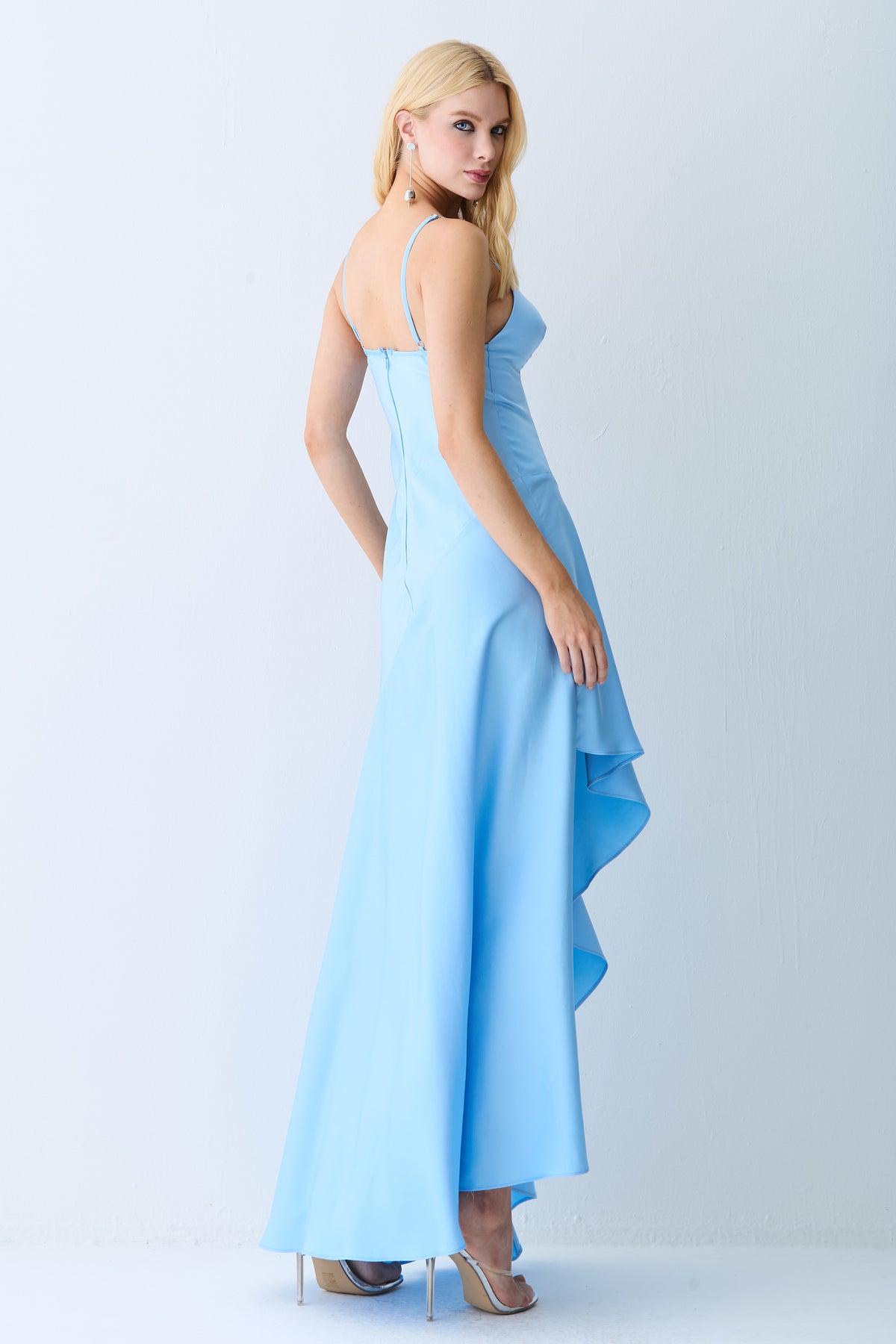 VESTIDO LONGO COSTAS E BARRA ASSIMETRICA FRENTE AZUL BEBE
