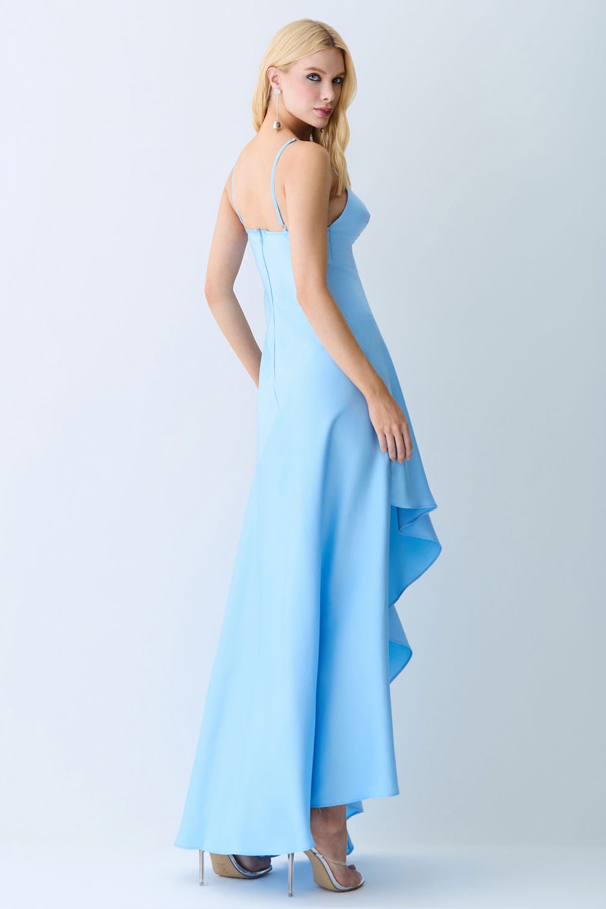 VESTIDO LONGO COSTAS E BARRA ASSIMETRICA FRENTE AZUL BEBE