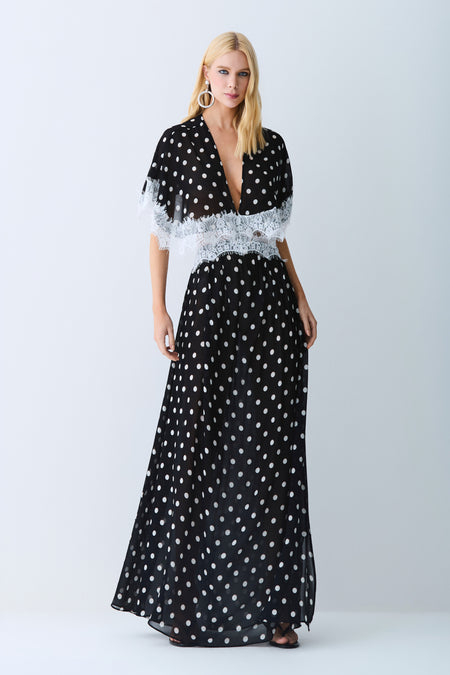 VESTIDO LONGO CAPA SUPERIOR SOBREPOSTA E DETALHE RENDA PRETO COM BRANCO