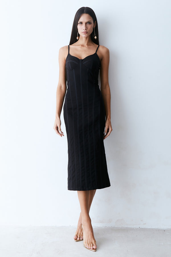 VESTIDO MIDI RECORTES PESPONTADOS EM VIES DE CETIM PRETO