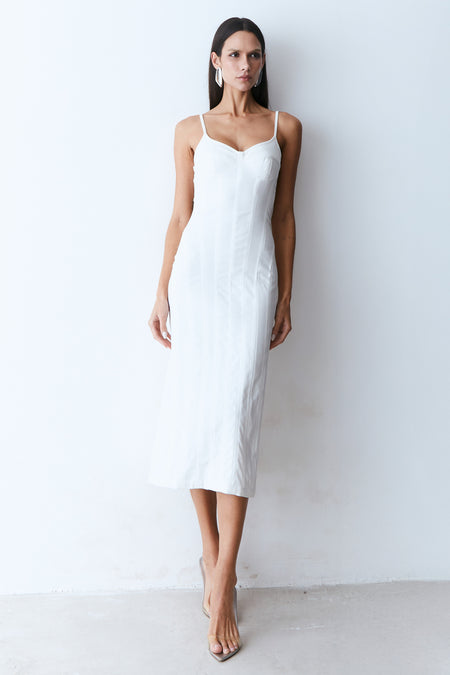 VESTIDO MIDI RECORTES PESPONTADOS EM VIES DE CETIM OFF WHITE