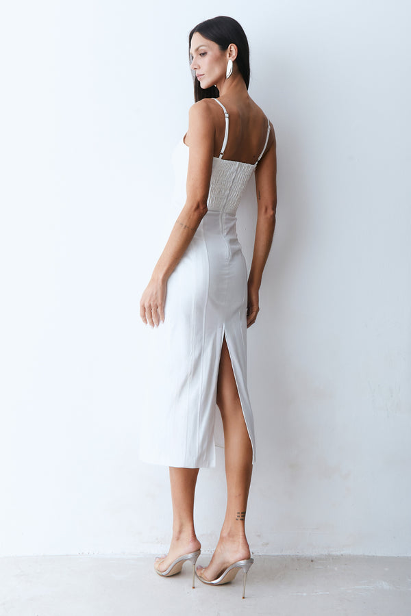 VESTIDO MIDI RECORTES PESPONTADOS EM VIES DE CETIM OFF WHITE